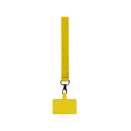 A bright yellow luggage tag with a textured strap and a clasp for attachment.