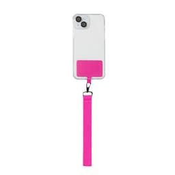 A clear phone wallet with a bright pink strap, designed to hold a phone securely. It features a logo on the back.