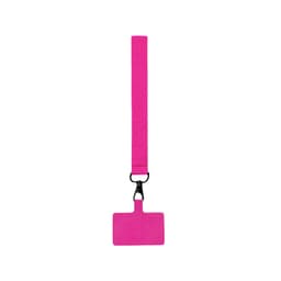 A pink luggage tag with a detachable strap for easy attachment. It features a clip for secure fastening.