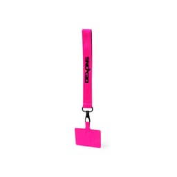 A bright pink luggage tag with a black strap and a branding logo, designed for identification purposes.