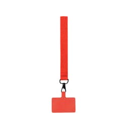A red lanyard with a rectangular holder attached, designed for IDs or small cards. The lanyard has a clip for easy attachment.