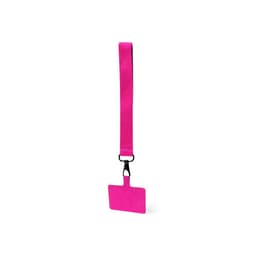 A pink phone wallet with a strap and a rectangular tag for identification. The product has a minimalist design.