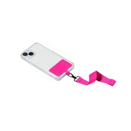 A clear phone wallet with a pink strap, featuring a card slot on the back. It has a simple, modern design.
