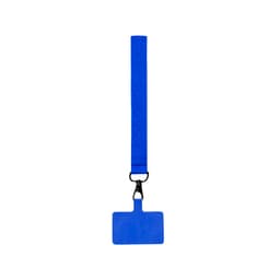 A blue lanyard with a rectangular holder at the end, featuring a clip for attaching items.