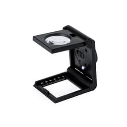 A black magnifying glass with a built-in light, featuring a measuring scale and a foldable design.