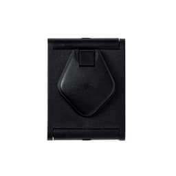 A black office accessory with a diamond-shaped button in the centre and a hinged design. It has a simple, functional appearance.