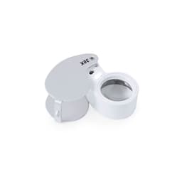 A magnifying glass with a white body and silver accents, featuring a built-in light and a logo.