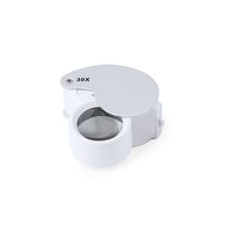 A white magnifying lens with a cover and a logo, featuring a 30X magnification capability.