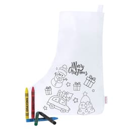 A Christmas stocking in white with a colouring design, accompanied by four crayon colours: red, green, yellow, and black.