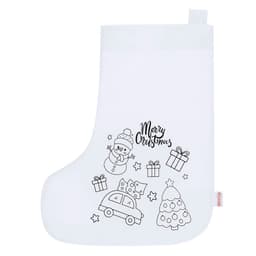 A white Christmas stocking featuring line drawings of a snowman, car, gifts, and a tree, with a festive message.