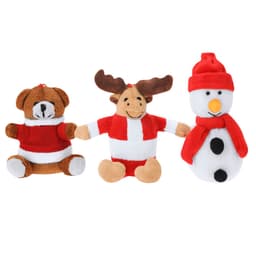 Three plush toys: a brown bear, a reindeer, and a snowman, all dressed in festive red and white attire.