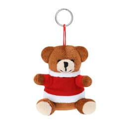 A brown plush bear keyring wearing a red and white sweater, featuring a metal attachment loop.