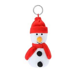 A plush snowman keyring in white with a red hat and scarf, featuring a black button design and an orange nose.