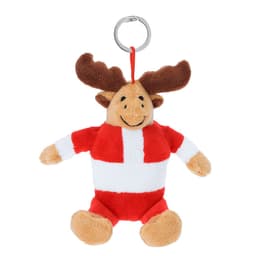 A plush toy keyring featuring a smiling moose in a red and white outfit, with brown antlers and a metal attachment.
