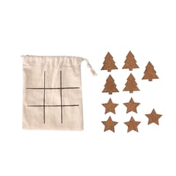 A fabric bag with a tic-tac-toe grid alongside ten cork game pieces shaped like trees and stars.