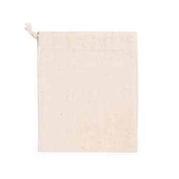 A beige cotton drawstring pouch with a textured surface and a tied closure at the top.