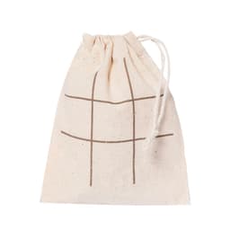 A drawstring bag in a light cream colour with a simple grid design in brown. It has a logo on the front.