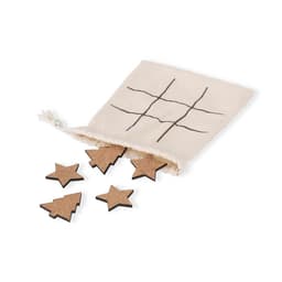 A drawstring bag containing a tic-tac-toe grid and five cork game pieces shaped like stars and trees.