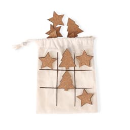 A drawstring bag containing cork game pieces shaped like stars and trees, featuring a grid design on the front.
