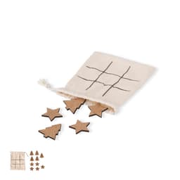 A drawstring bag contains wooden star and tree-shaped game pieces in natural hues, with a grid pattern on the bag.
