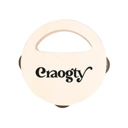 A wooden tambourine with a circular handle and three pairs of jingles, featuring a black logo.