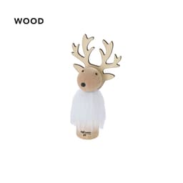 A wooden Christmas decoration featuring a reindeer head with antlers and a white fluffy body.