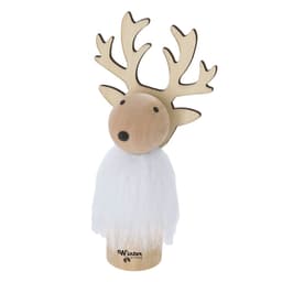 A wooden reindeer decoration featuring antlers and a white fluffy body. Includes a logo on the base.
