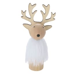 A wooden reindeer decoration with antlers and a white fluffy body, perfect for festive home décor.