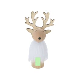 A wooden reindeer decoration with brown antlers and a white fluffy body, featuring a minimalistic design.