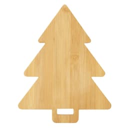 A bamboo chopping board shaped like a Christmas tree, featuring a handle cut-out at the base.