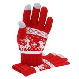 Red gloves with a festive white pattern featuring reindeer and snowflakes, including grey fingertips and ribbed cuffs.