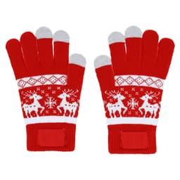 A pair of festive red gloves with a white reindeer pattern and grey tips, featuring a logo on the wrist.