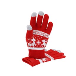 A pair of red knitted gloves featuring a festive pattern with white reindeer and grey fingertips.