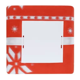A red blanket with white patterns and a central blank space, secured with a white band. It features a branding logo.