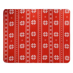 A red blanket featuring a white snowflake pattern and decorative stripes. It has a logo in one corner.