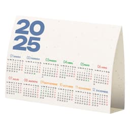 A tabletop calendar for 2025 featuring multi-coloured months and dates on a white speckled background. It includes a logo.