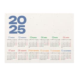 A desk calendar for 2025 featuring a light background, with months and dates clearly organised in various colours.