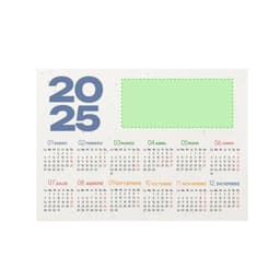 A desk calendar featuring the year 2025 with a green blank space and dates in various colours.