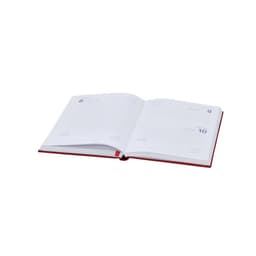 An open diary with white pages and a red cover, featuring numbered date sections. It has a logo on the spine.