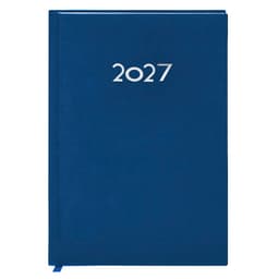 A blue diary for the year 2027, featuring a simple design with a logo on the cover.