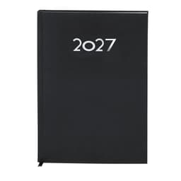 A black diary with a hardcover featuring the year 2027 on the front. It includes a ribbon bookmark and has a logo.