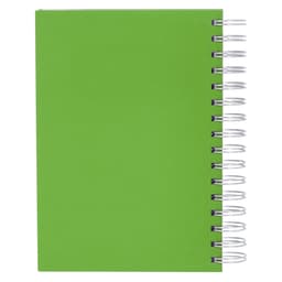 A green spiral-bound diary with a smooth cover and silver binding. It features a simple design with no additional graphics.