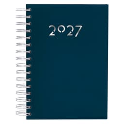 A dark teal diary with a spiral binding and silver numbers "2027" on the cover. It features a logo.
