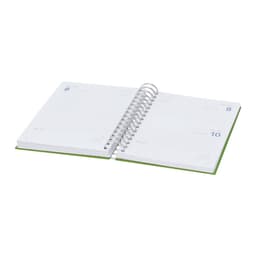 A spiral-bound diary with white pages and a green cover, opened to show the inner layout.