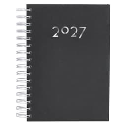 A black spiral-bound diary featuring a silver-embossed year on the front. It has a simple, modern design.
