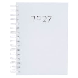A white spiral-bound diary with a cut-out design featuring the year 2027. It has a simple and sleek appearance.
