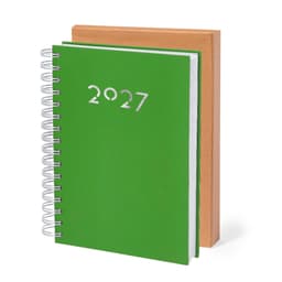 A green diary with a spiral binding and a kraft cover, featuring the year '2027' on the front.