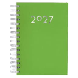 A green diary with a spiral binding featuring the year 2027 on the front cover. It has a logo in the corner.