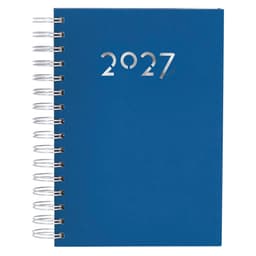 A blue diary with a spiral binding and a silver cut-out design displaying the year 2027.