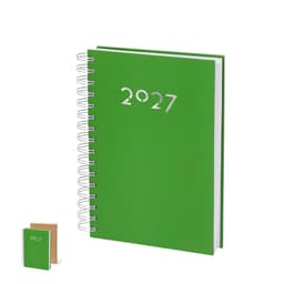 A green diary with a spiral binding, featuring the year '2027' on the cover. A smaller notebook is also displayed nearby.
